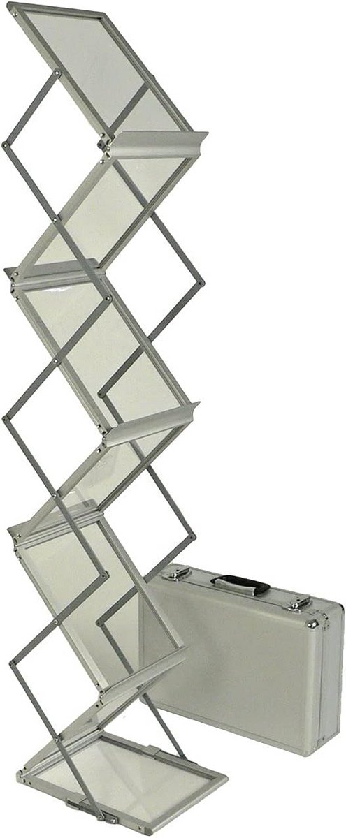 Opvouwbare brochurehouder 6 x DIN A4 van aluminium/acryl met transportkoffer