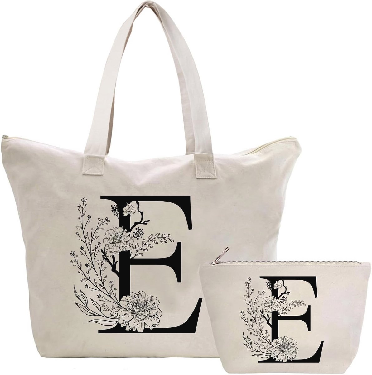 Gepersonaliseerde canvas tas met initialen voor dames - Boodschappentas en Make-uptas