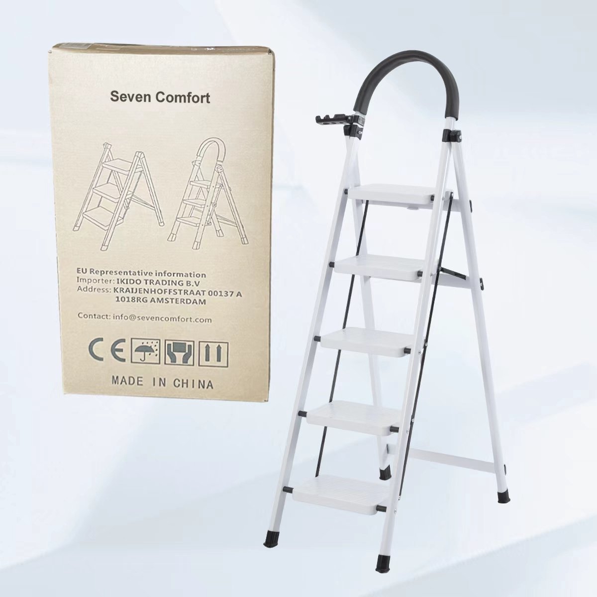 Seven Comfort Huishoudtrap 5 treden - Keukentrap - Opvouwbaar - Trap ladder - Stalen materiaal - 74×47×139cm - Lichtgewicht - Draagvermogen150KG - Wit – foto 8