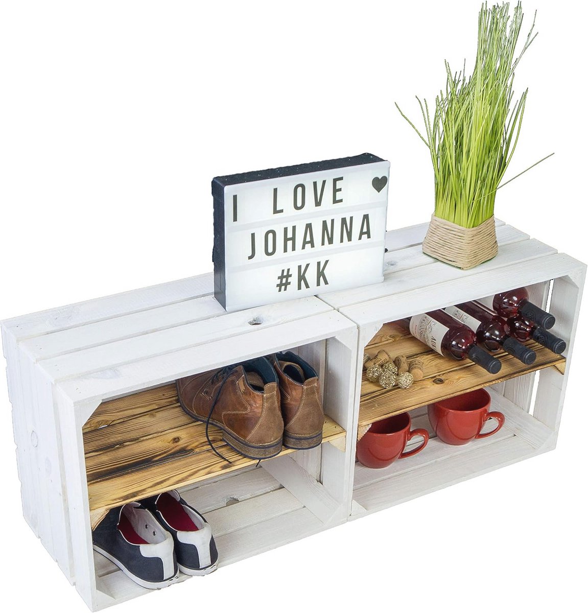 Witte houten fruitkistenrek set van 2 met middenplank voor verschillende toepassingen