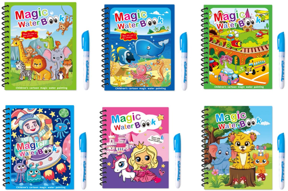 6-delig waterverfboek - Waterverfboek voor kinderen - Herbruikbaar magisch waterboek met pennen voor kinderen, meisjes en jongens