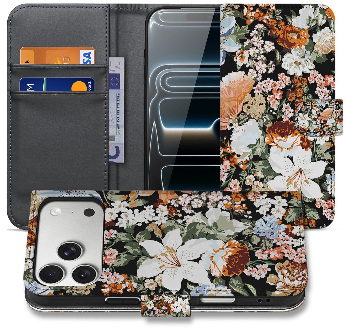 Book Case voor Portemonnee hoesje iPhone 17 Pro Max Dark Flowers Drie Pasjes