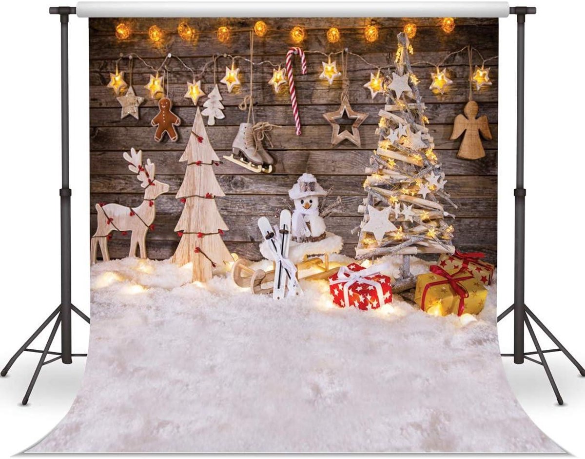 Kerstfotografie Achtergrond Kinderen 10x8FT - Kerstboom Geschenken Hout Snown