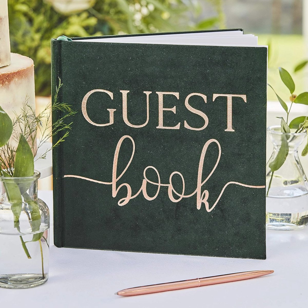 Botanical Wedding Green Velvet Gastenboek met Bronzen Folie