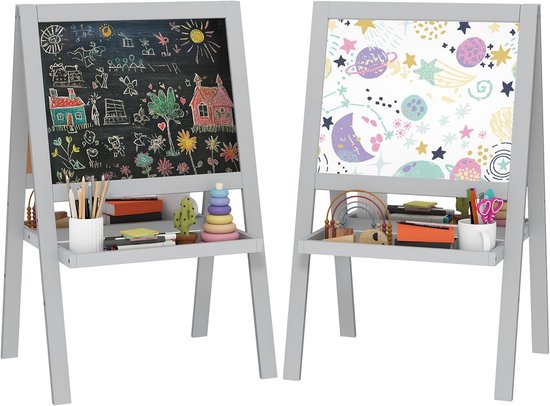 GOPLUS 4-in-1 Children's Easel with Chair, Drawing Board with Magnetic Drawing Board, Storage Space, Adjustable Telescope and Ring Throwing Game, Height Adjustable Children's Board for Ages 1-8 Years