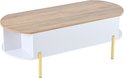 Witte salontafel met houten blad, gouden poten.