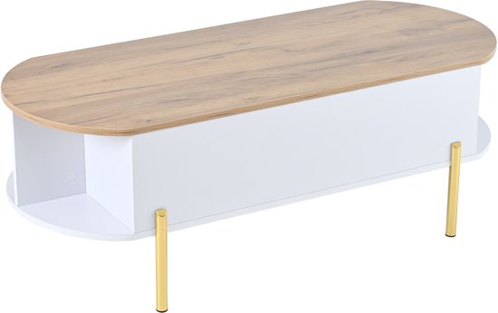 Witte salontafel met houten blad, gouden poten.