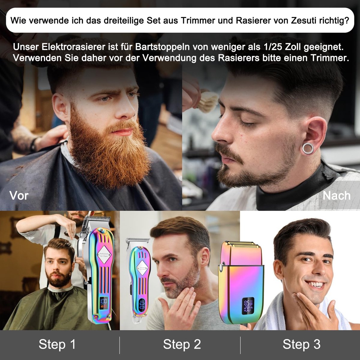 OKWISH Tondeuses - Draadloze Tondeuse Set Voor Thuis, Professionele Haar Tondeuse Met Verstelbare Kammen, Trimmer Set, Metaal + Roestvrij Staal, 22,2x23,8x6,7 cm, Zilver thumbnail 4