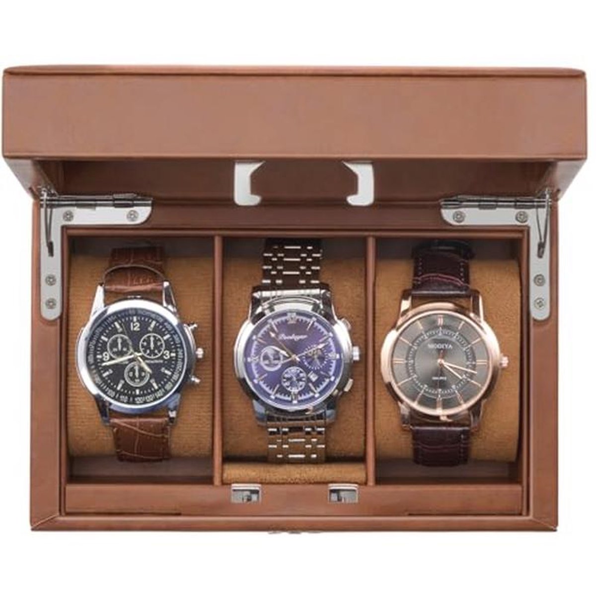 Heren Horlogedoos met 3 Compartimenten en Combinatieslot - Bewaarbox met Glazen Deksel
