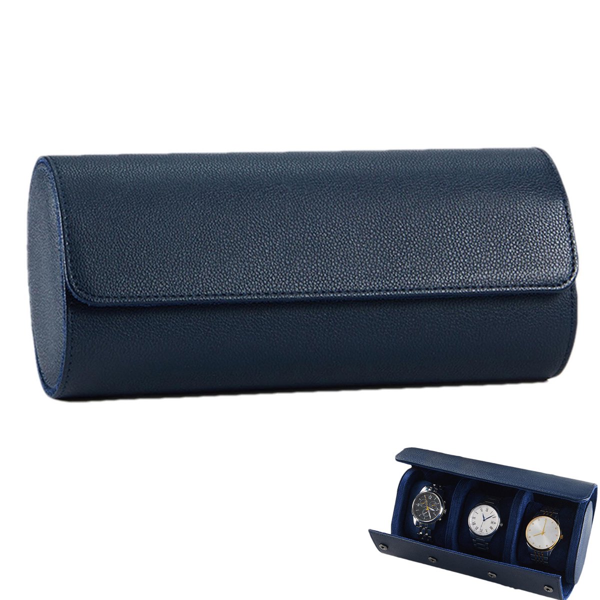 Horloge opbergdoos - Draagbare leren horloge organizer - Horloge reis organizer - Horloge rol - 3 horloge vakken - Unisex - Met uitneembare vulling - Geschikt voor het opbergen en tonen van horloges - Blauw