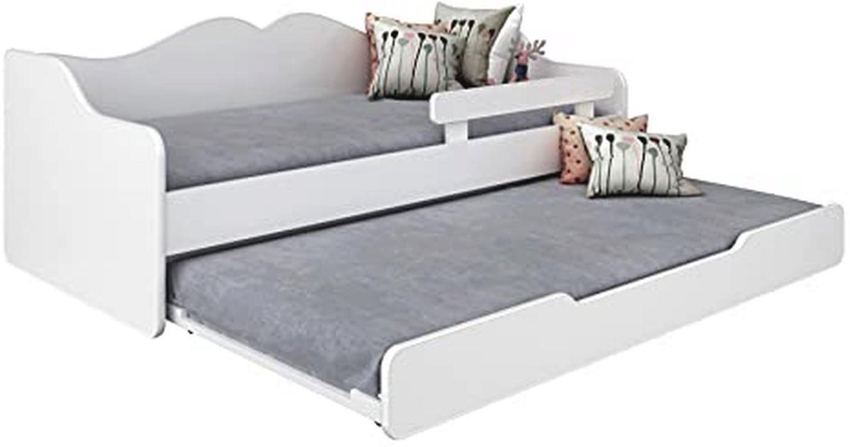 Jeugdbed 180x80cm - Tweepersoonsbed met Lattenbodem, Matrassen, Lade en Valbeveiliging - Uittrekbaar Slaapbank en Logeerbed - Witte Kinderkamer Meubel