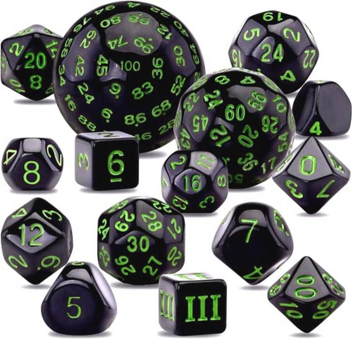 Complete 15-delige polyedrische dobbelstenen set voor rollenspellen en bordspellen zwart en groen