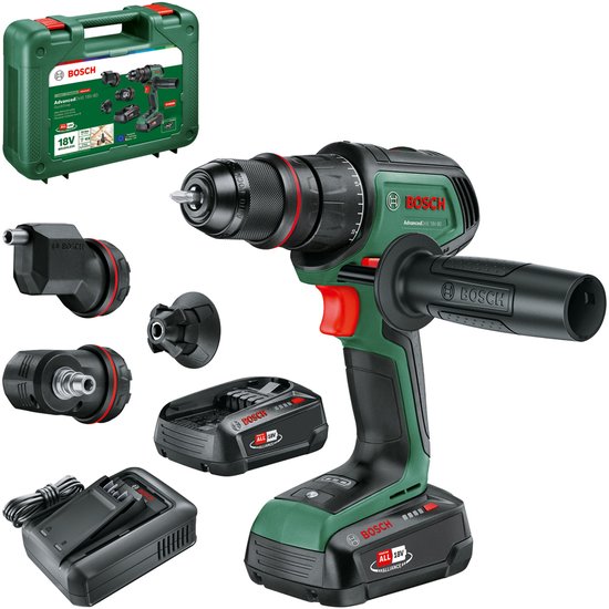 Bosch AdvancedDrill 18V-80 met extra opzetstukken, accu's en lader in een groene koffer.