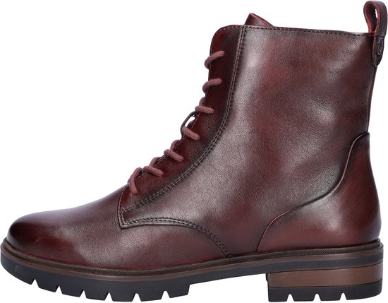 Bordeauxrode leren veterboot, zijaanzicht, met veters en ritssluiting.