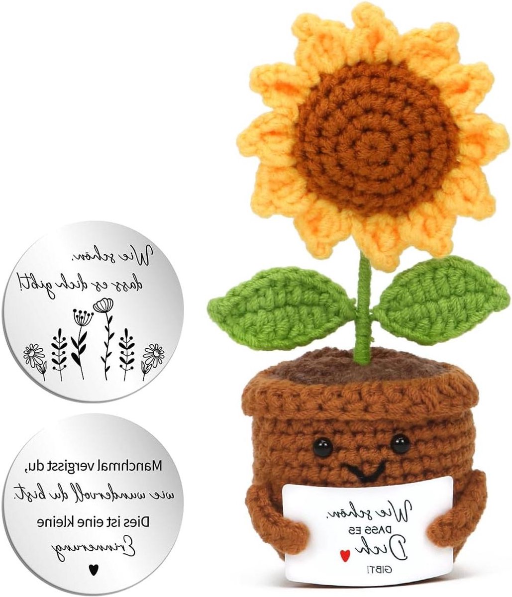 Cosensi - Gehaakte bloemen Pocket Hug zonnebloem met omarming geluksbrenger - positieve bloem moedermaker - cadeau voor vriend familie collega