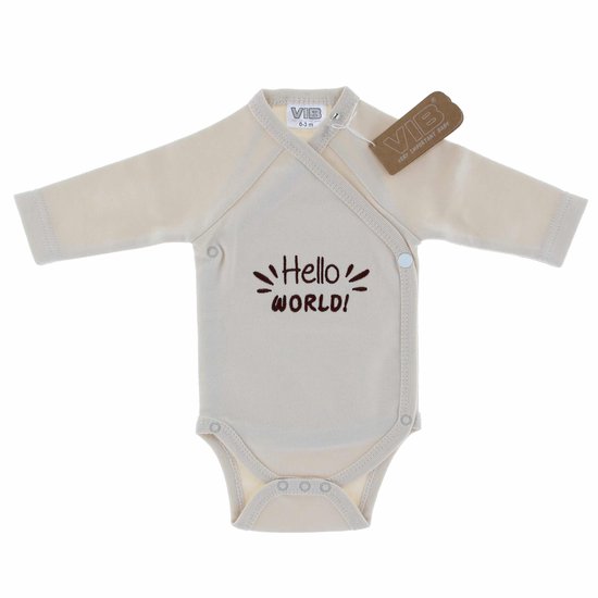VIB® - Overslag romper 'Hello WORLD!' beige (0-3 m) - 1 stuks - Babykleertjes - romper - rompertjes - rompertjes met tekst - baby cadeau - baby aankondiging - overslagromper