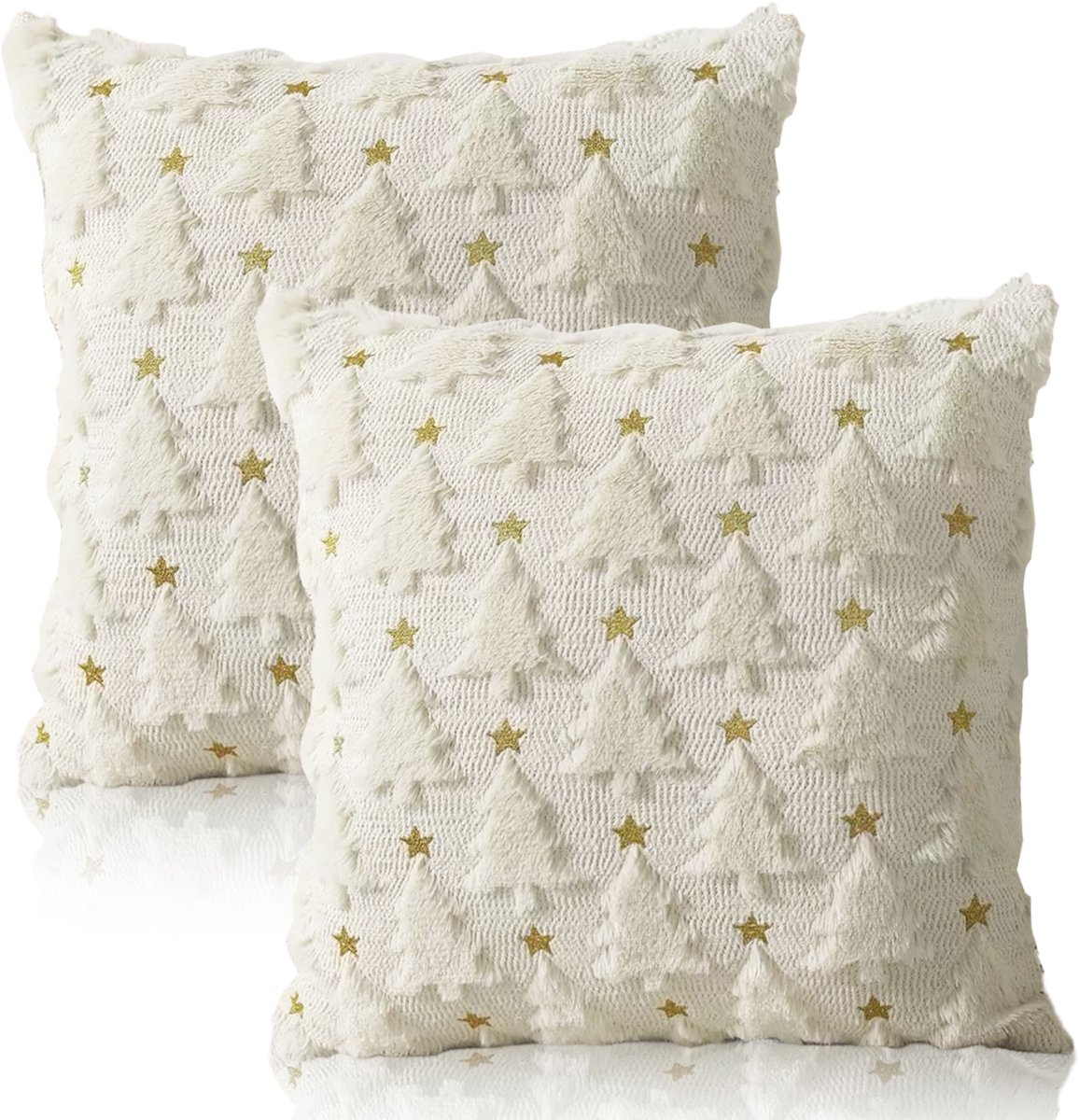 Kerstkussenhoezen Set-2stuks-45x45cm-Pluche Sterren Kerstboom Design-Wit-Winterdecoratie Voor Woonkamer Slaapkamer Bank Bed