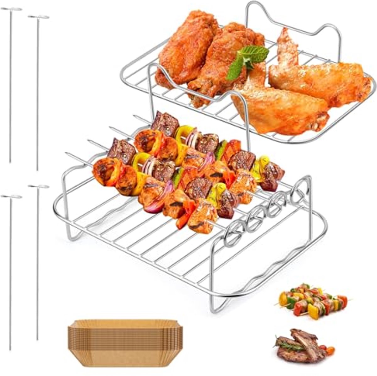 Multifunctionele Airfryer Accessoires Set - Grillrooster, Stoomrek en Siliconen Oliepapier (50 Stuks)