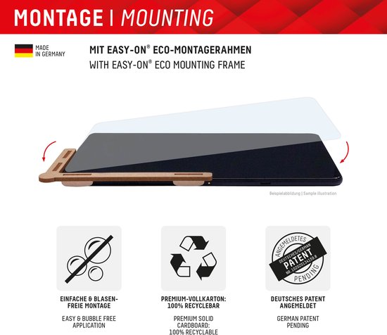 Montageframe voor schermprotector, gemaakt in Duitsland.