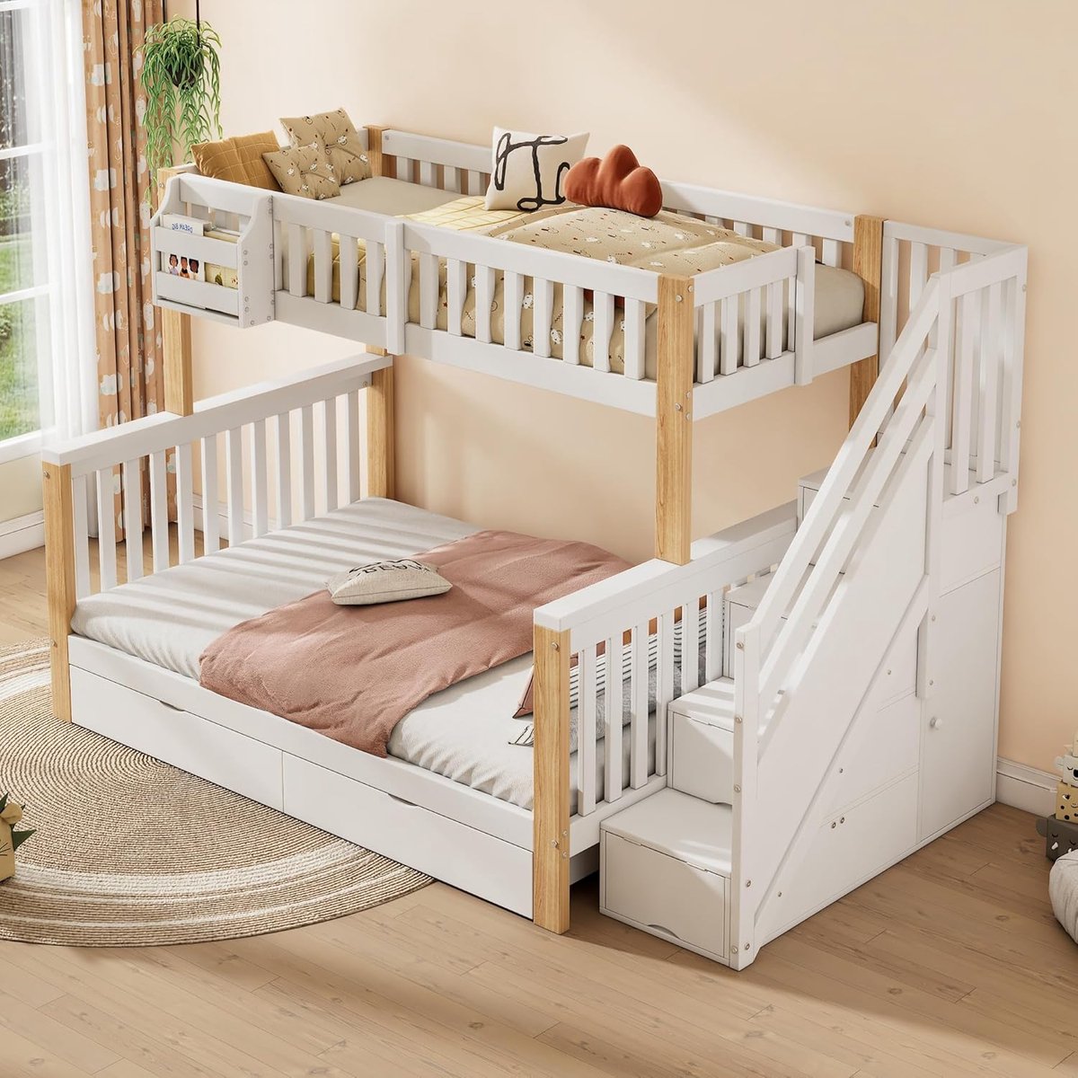 Driepersoons Hoogslaper Kinderbed 140x200 + 90x200 cm Medahomestore “SpaceMax” met Opbergmanden, Lade en Trapkast – Stapelbed Wit en Natuur – Multifunctioneel Kinderbed voor Jongens en Meisjes