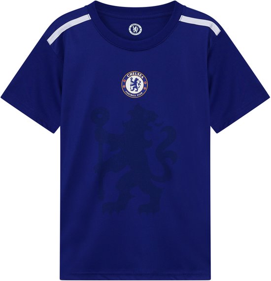 Blauw Chelsea FC kinder voetbalshirt met een donkerblauwe leeuw print en witte strepen op de schouders.