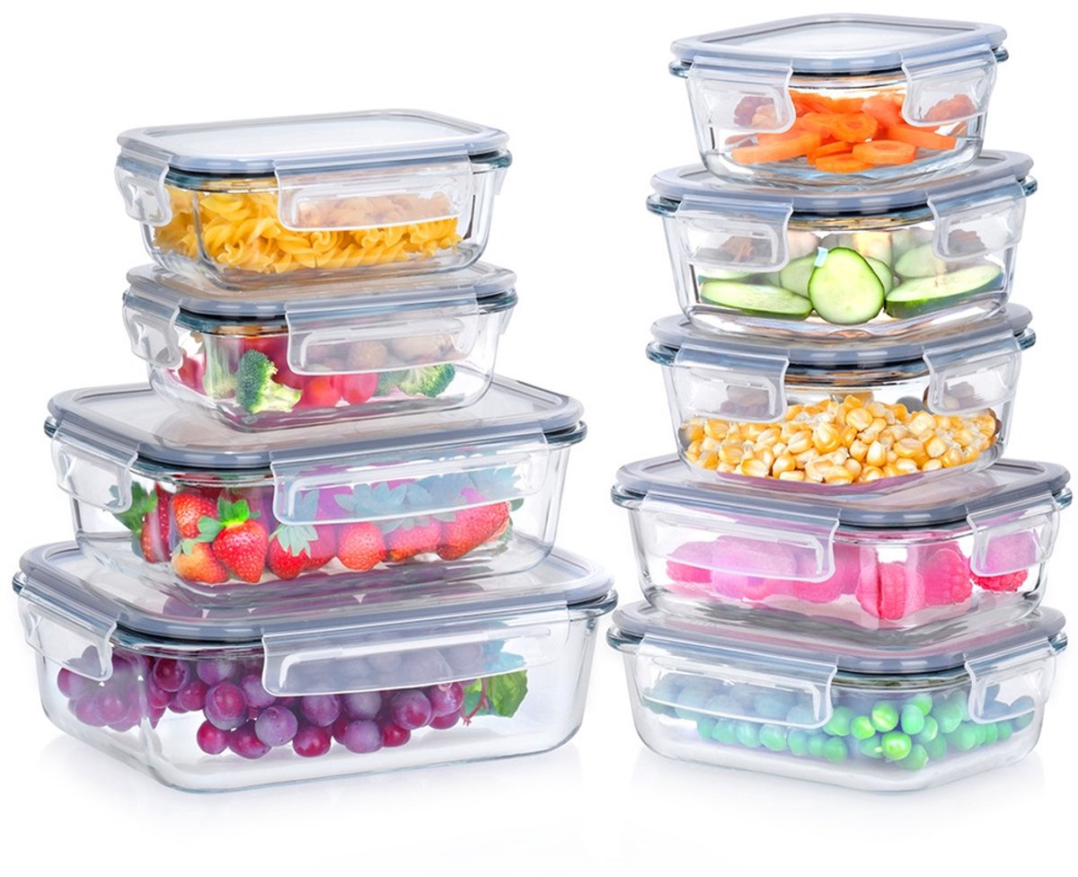Voedselcontainers Glas met Deksel en Pakking 9 stuks - Vershoudbakjes - Diepvriesbakjes - Vershouden - Bakjes