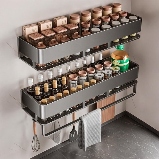 Unyqoos® Set van 2 metalen wandgemonteerde kruidenrekken met haken voor