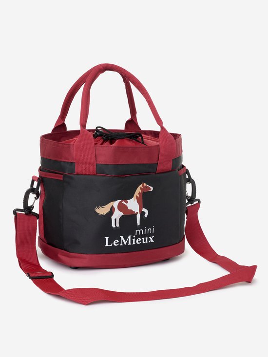 Een rode en zwarte Mini LeMieux poetsstas met een paardendessin.