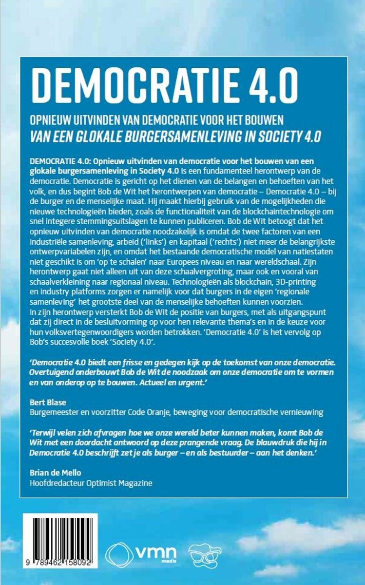 De omslag van het boek 'Democratie 4.0' met een illustratie van de aarde in een hand. Het bevat tekst over het boek en recensies.