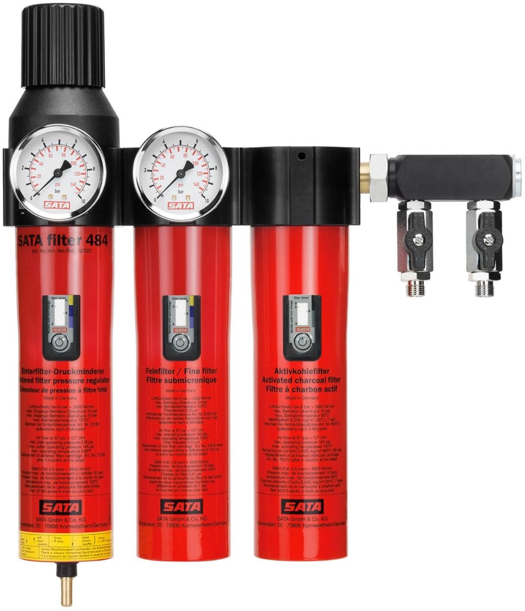 SATA 484 Olie- & Waterafscheider met actieve koolfilter + drukregelaar & uitlaatmodule