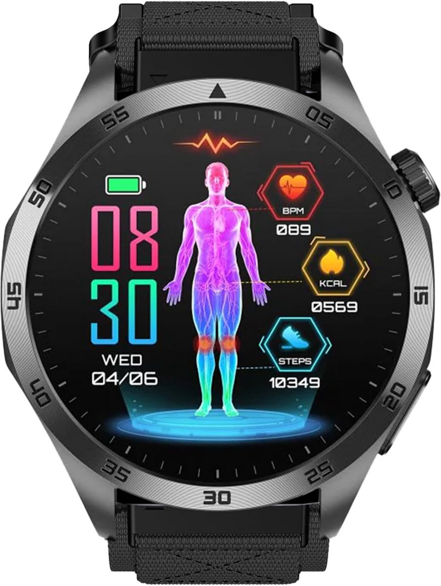 Ronde Smartwatch met Telefoonfunctie, ECG, HRV en SOS - Gezondheid & Sport Horloge - Zwart