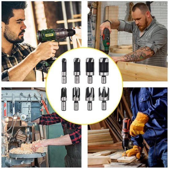 Collage toont mannen die boren en verschillende houtsnijders, waaronder een set van 8 met maten 6mm, 10mm, 13mm en 16mm.