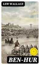 Boekomslag met de titel 'BEN-HUR' door Lew Wallace. Een illustratie van een Romeinse wagenrace met vier paarden, met publiek op de tribunes.