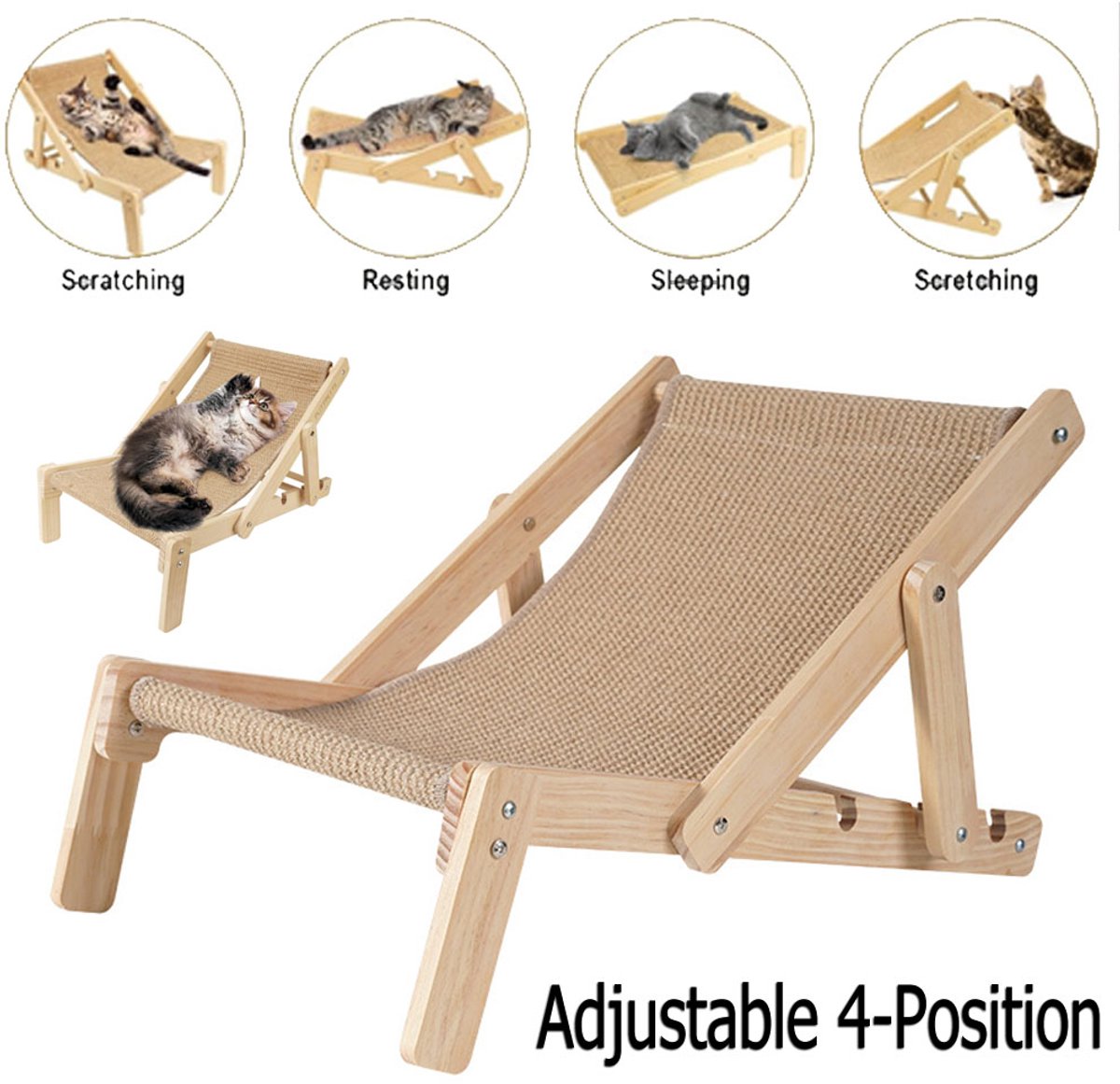 Sisal krabpaalbed voor katten - met verstelbare 4-standen - 2-in-1 sisalstoel voor katten - krabmeubel voor binnenkatten, hangmat met krabplank - ligstoel voor kleine huisdieren