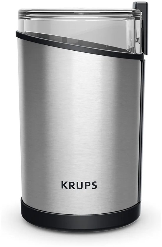 Zilverkleurige KRUPS koffiemolen met schuin doorschijnend deksel en zwarte accenten.