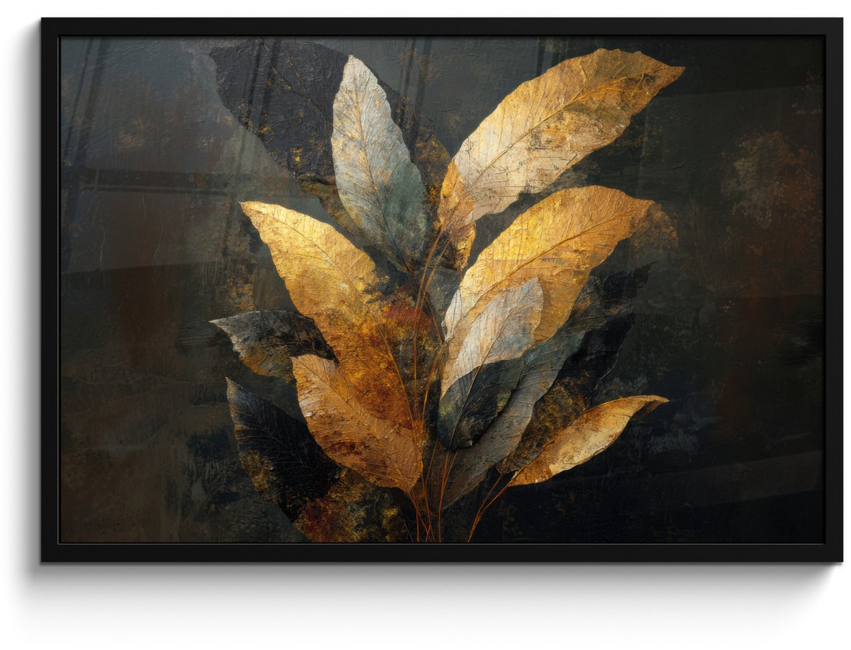 FrameYourWall Poster in lijst - Fotolijst 90x60 cm - Posters - Gouden Bladcompositie – Botanische Luxe - Posterlijst zwart - Decoratie - Wanddecoratie woonkamer - Muurdecoratie slaapkamer Bladeren - Goud - Luxe