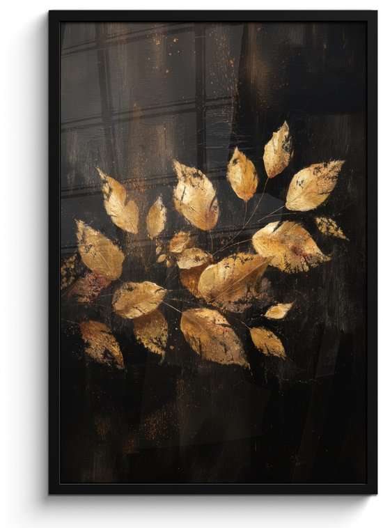 Zwart ingelijste kunst met een abstracte compositie van gouden bladeren op een donkere achtergrond.