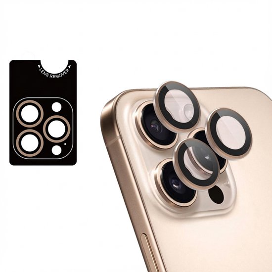 Goudkleurige cameralensbeschermers op een gouden iPhone, naast een installatiehulp met het label 'Lens Remover'.