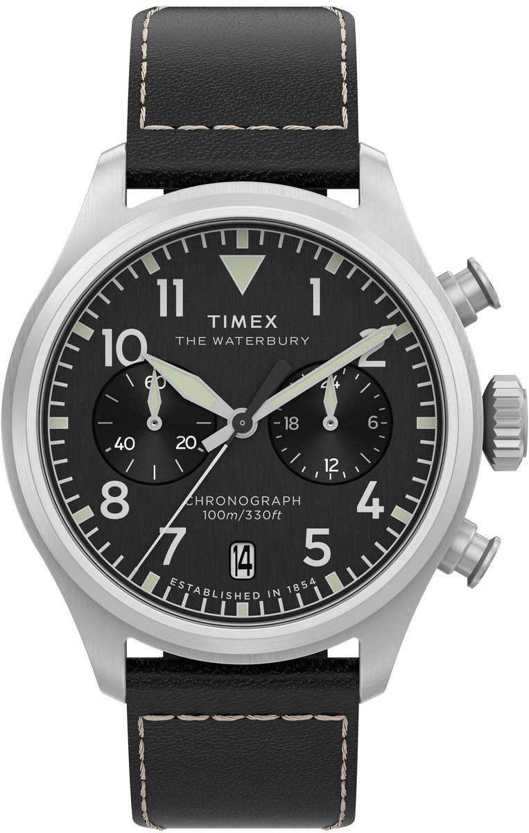 Timex Waterbury Ace Chronograph Quartz Chronograaf Horloge Zilverkleurig Kast: 100% Roestvrij Staal | Armband 100% Leer 41 mm TW2Y19000AJ