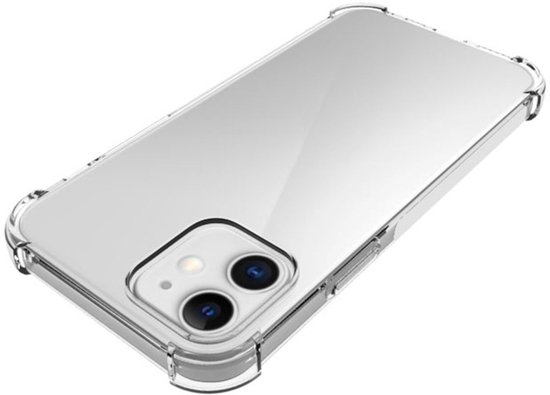 Coque arrière transparente et antichoc enveloppant un téléphone à double appareil photo.