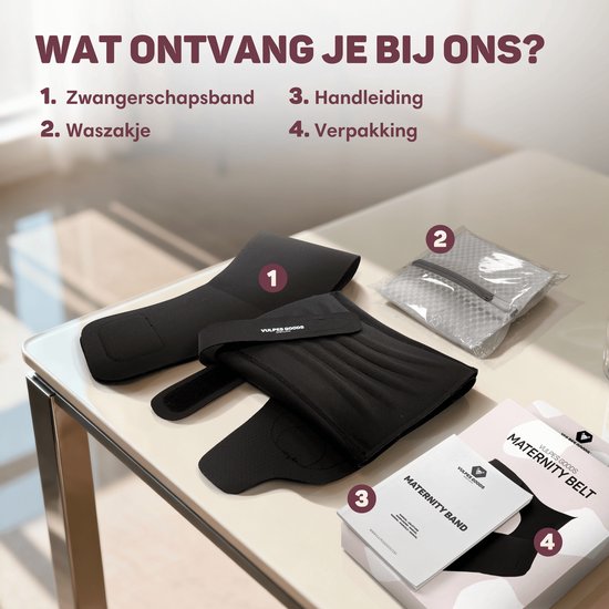 Gezamenlijke afbeelding van de zwangerschapsband, waszak, handleiding en verpakking.