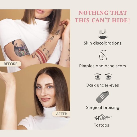 Model voor en na het aanbrengen van Dermacol Make-Up Cover, die tatoeages verbergt. De 'na'-foto toont een gladde, egale huid.