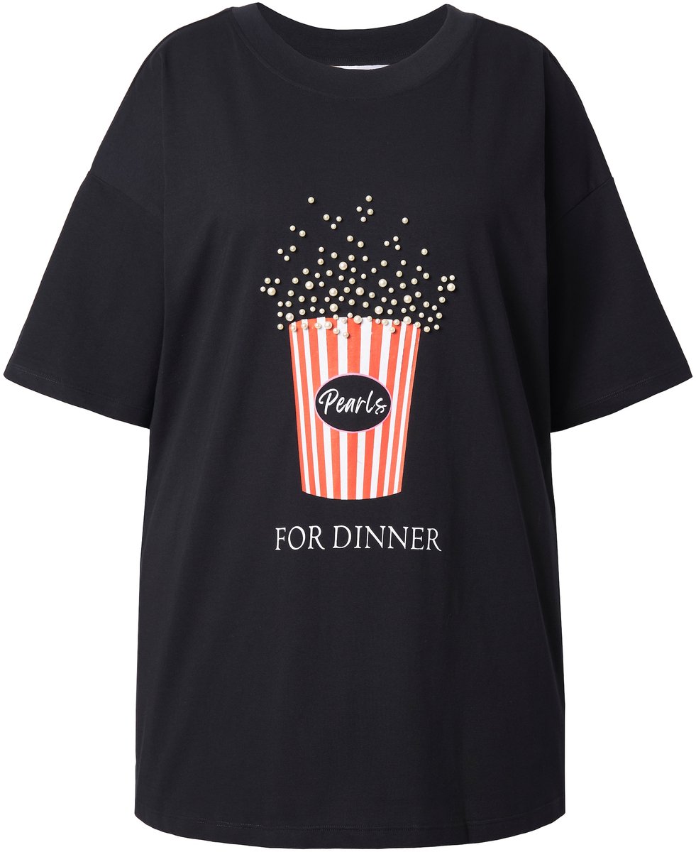 Studio Untold - Dames - T-shirt oversized popcorn-print met sierkralen - Zwart - Maat 42+