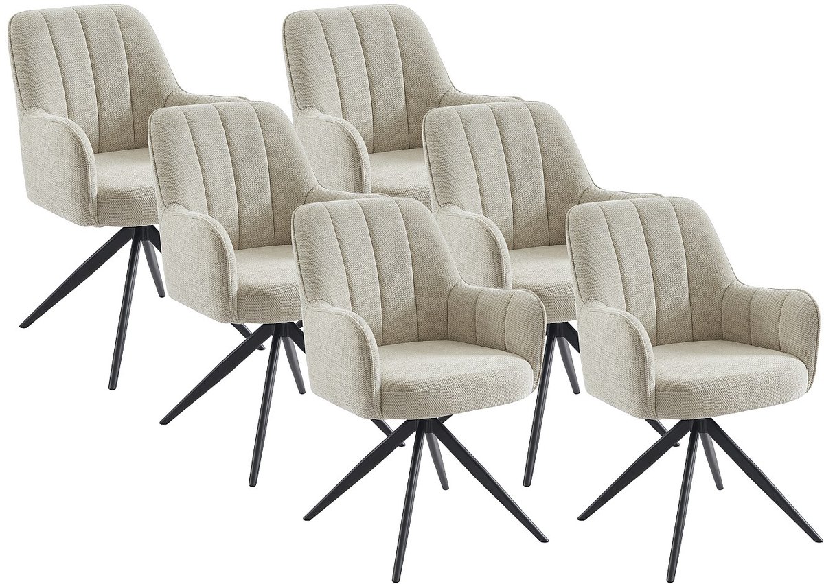 Vente-unique Set van 6 draaistoelen met armleuningen van stof en zwart metaal - Crèmewit - LEJINA