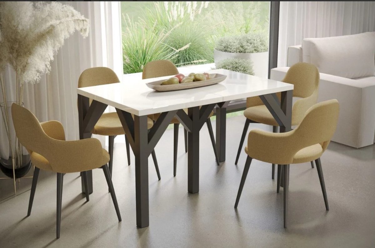 Uitschuifbare Eettafel – Urbanhome CrystalShine Luxe Wit – Verlengbaar 130-350 cm – Modern Glanzend Tafelblad met Zwart Metalen Frame – Ideaal voor Gezinnen en Diners