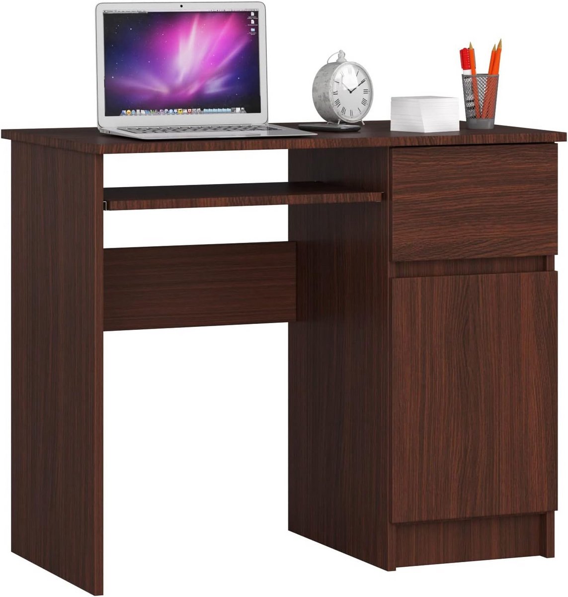 Compact Bureau met Schuifladen en Opbergvak | Computerbureau Klein | Bureau met Toetsenbordlade | Werkplek Wengé 90x50 cm