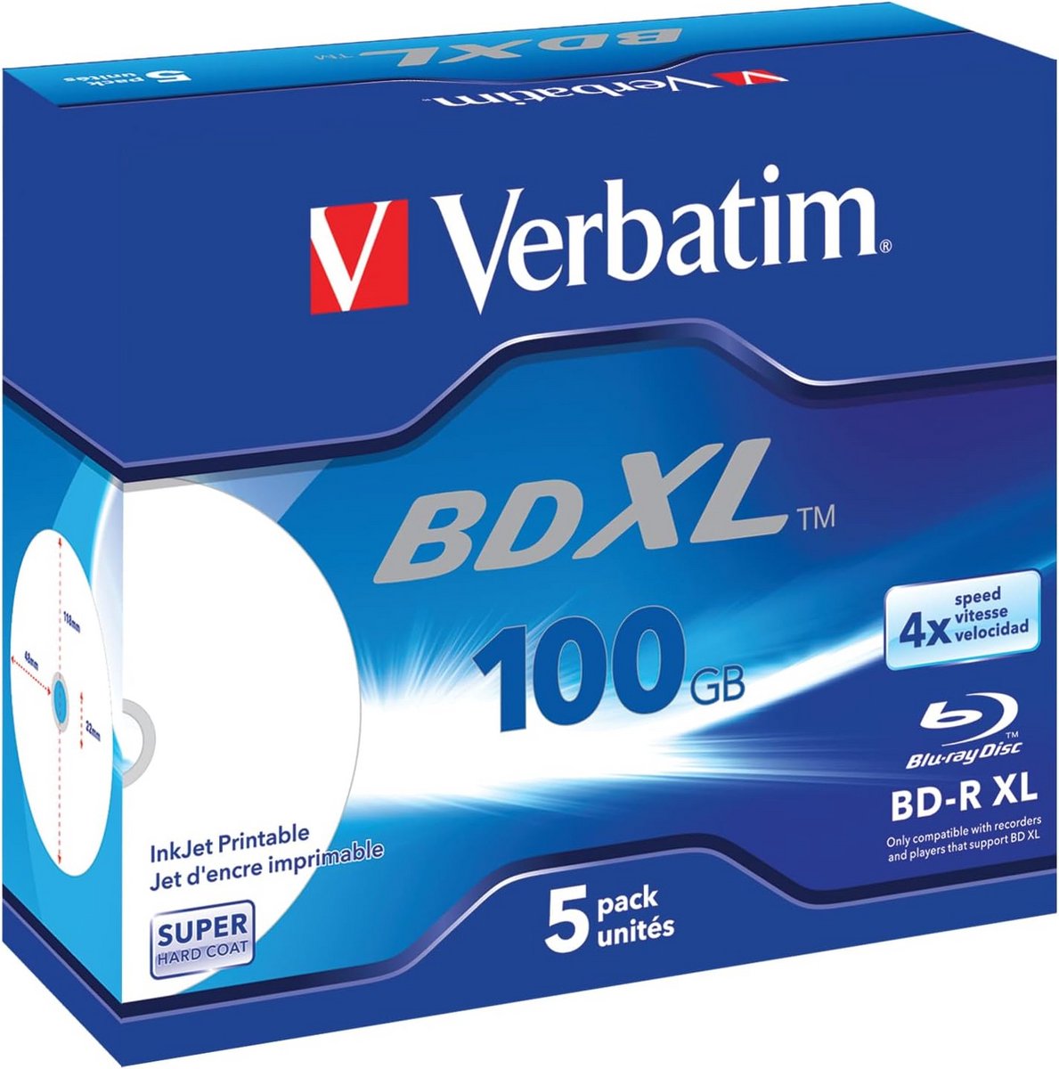 Blu-ray BD-R XL 100GB Bedrukbare Disc, 4x Snelheid, 5-pack Juwelendoos