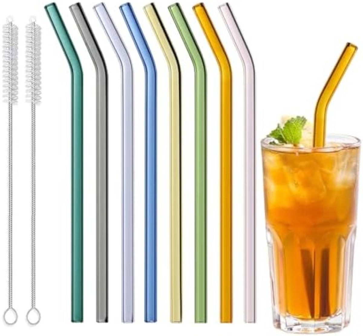 Set van 8 Kleurrijke Glazen Drinkrietjes met Reinigingsborstels