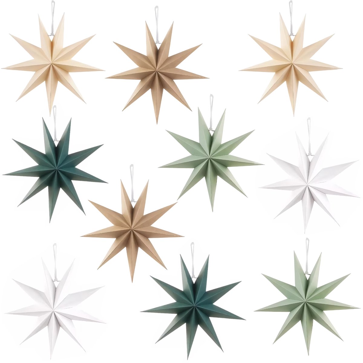 Set van 10 papieren kerststerren, 30 cm, gevouwen nonagon kerstversieringen - Bruin, beige, donkergroen, wit, saliegroen - Voor feesten, bruiloften, verjaardagen en tafeldecoraties
