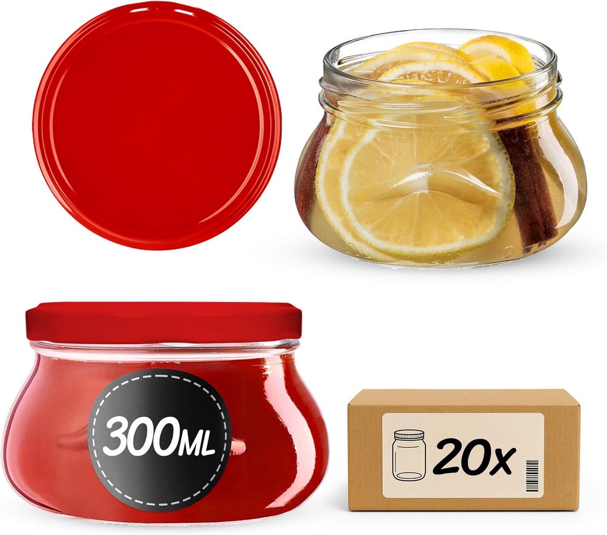 Set van 20 kleine weckpotjes van 300 ml met rode deksels voor honing, jam en kruiden